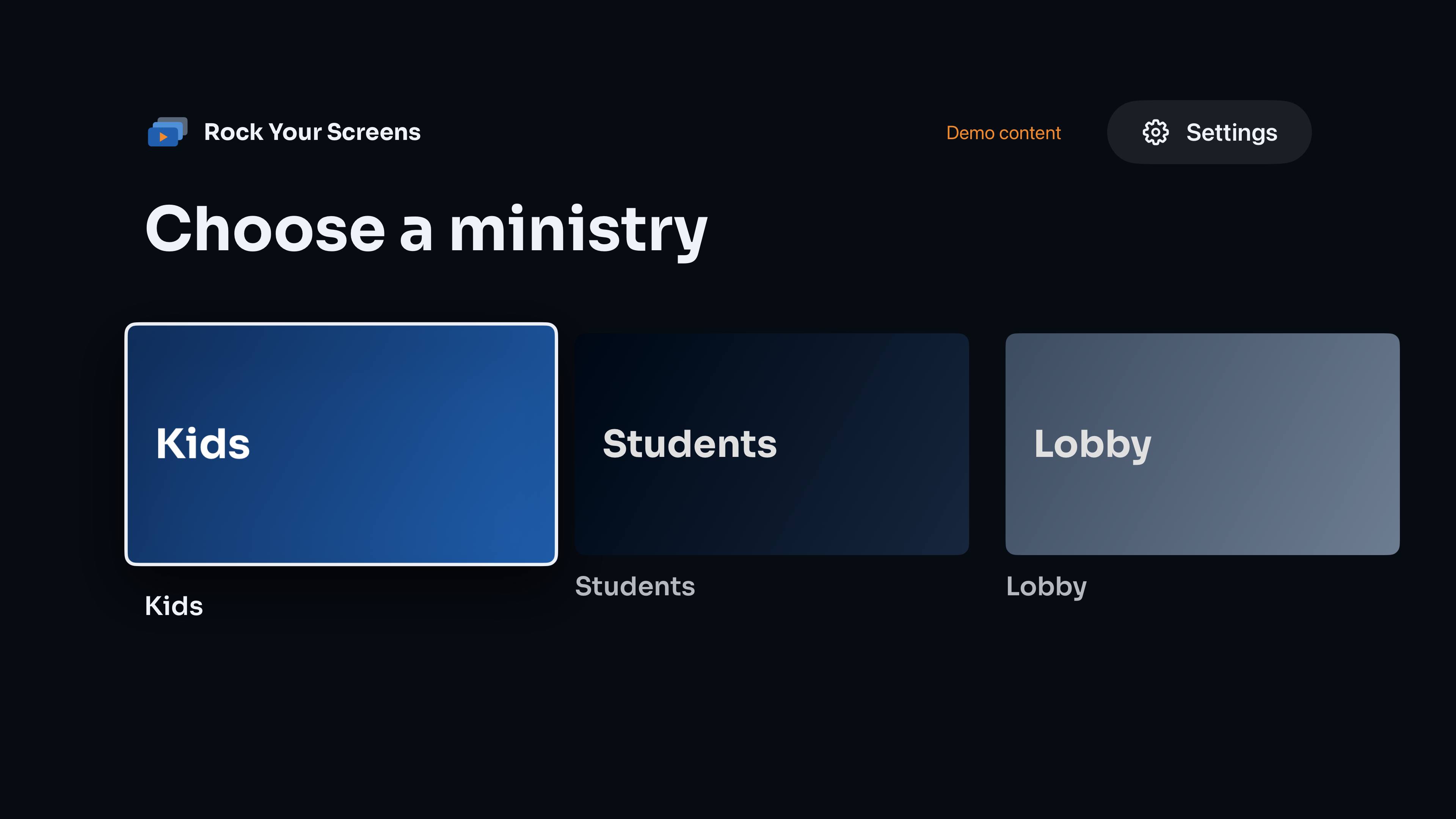 The Choose a ministry screen on a TV, with cards for Kids, Students and Lobby, and Kids focused.