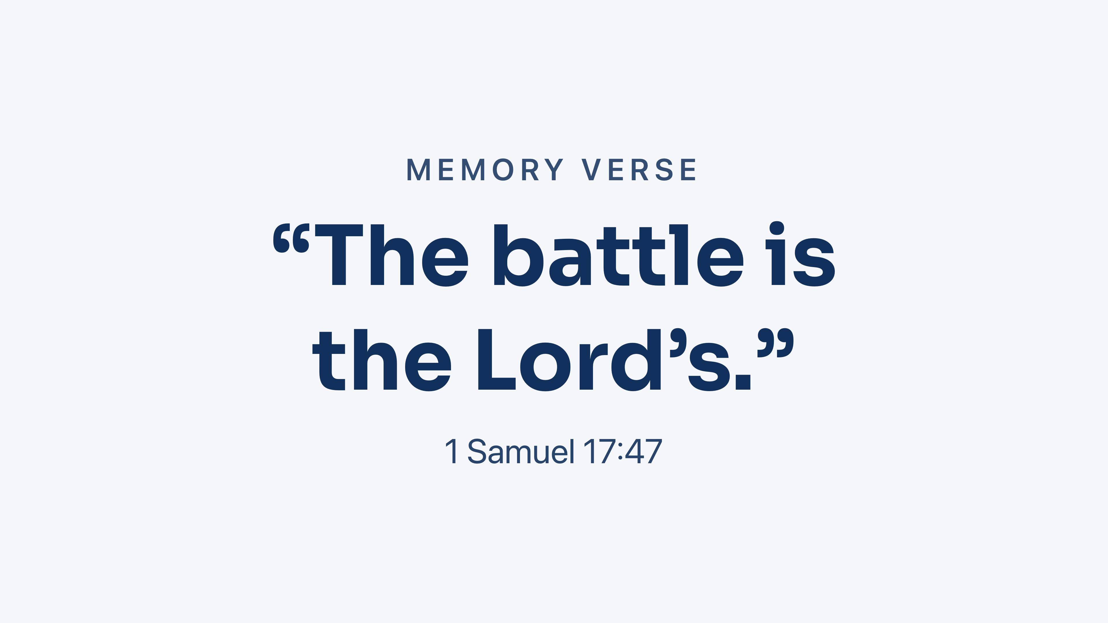 A full-screen memory verse slide on a TV: The battle is the Lord's, 1 Samuel 17:47.