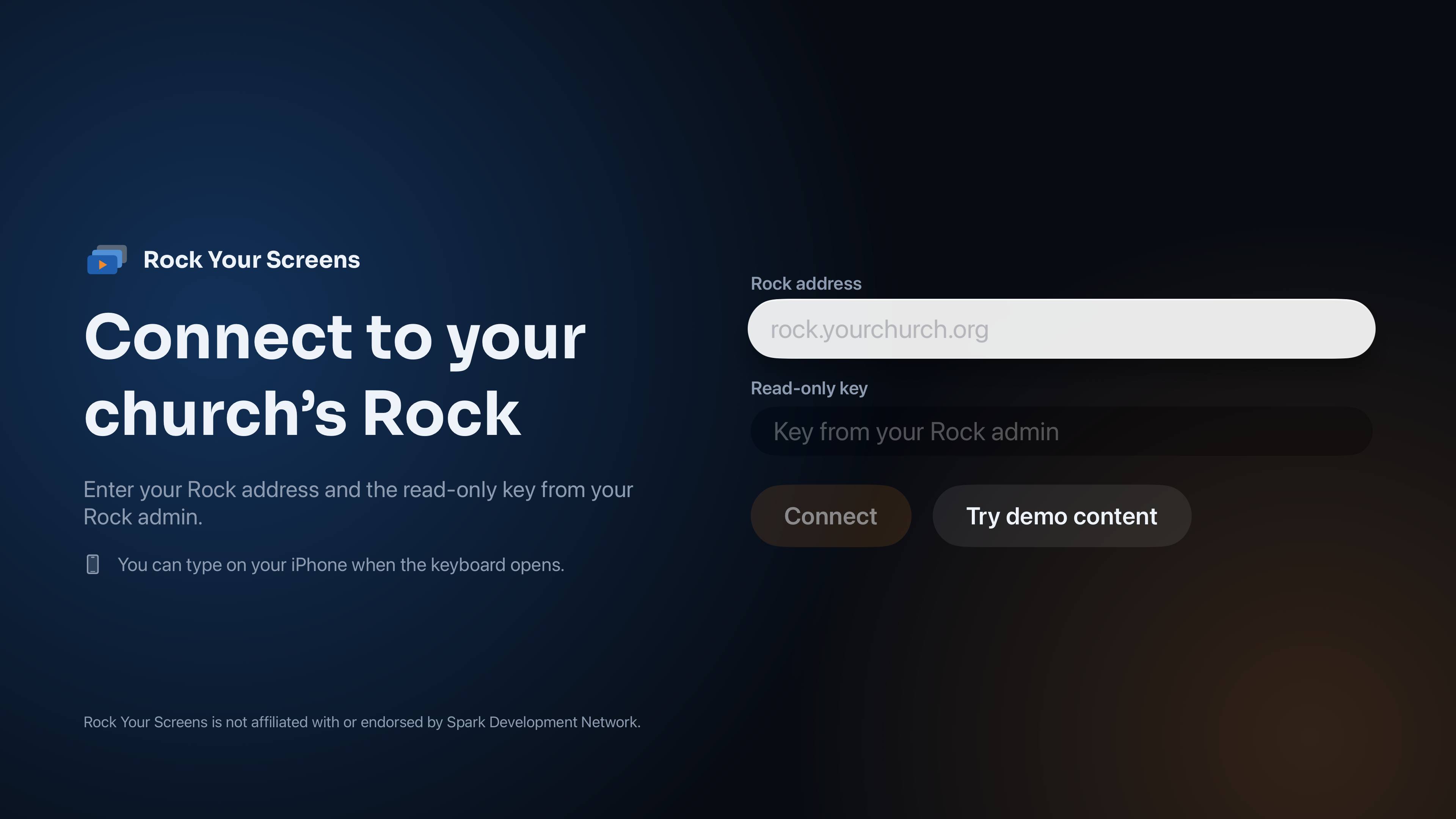 The Connect screen: fields for Rock address and read-only key, with Connect and Try demo content buttons.